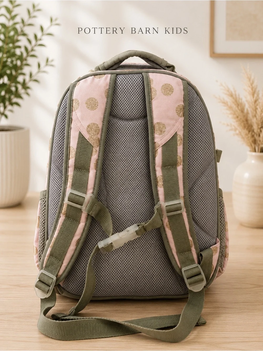 Pottery Barn Kids Pink Backpack Set with Gold Polka Dots and Olive Trim